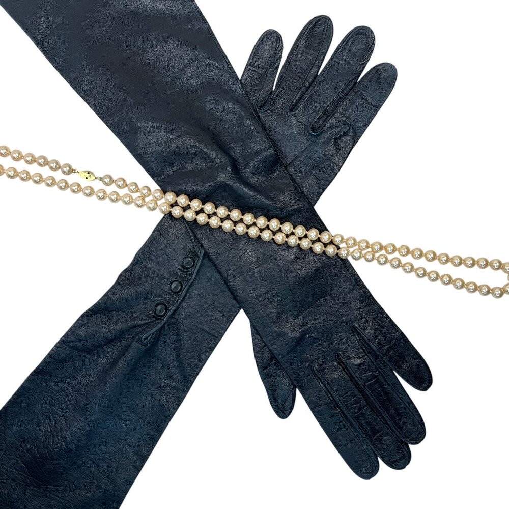 Vintage Christian Dior Opera Length Navy Kid Leather Gloves, sz 7, Buttery Soft